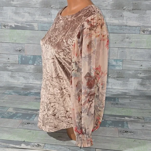 Meadow Rue Velvet Floral Blouse in Brown and Cream Sheer Floral Sleeve X-Small - Picture 3 of 6